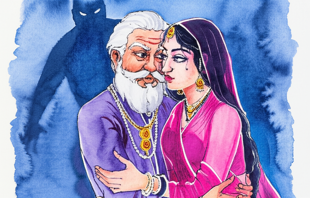 A watercolor painting showcasing a moment of unexpected intimacy. Kamatura, an old merchant with pale skin and grey hair, wearing a luxurious robe in deep purples and golds, is embraced by his young wife, her dark hair framing her face, clad in a bright pink garment.  A shadowy figure of a thief is partially visible in the background, suggesting a sense of danger that has unexpectedly brought the couple closer. The style should feel soft and intimate, using cool blues and warm pinks as dominant colors.