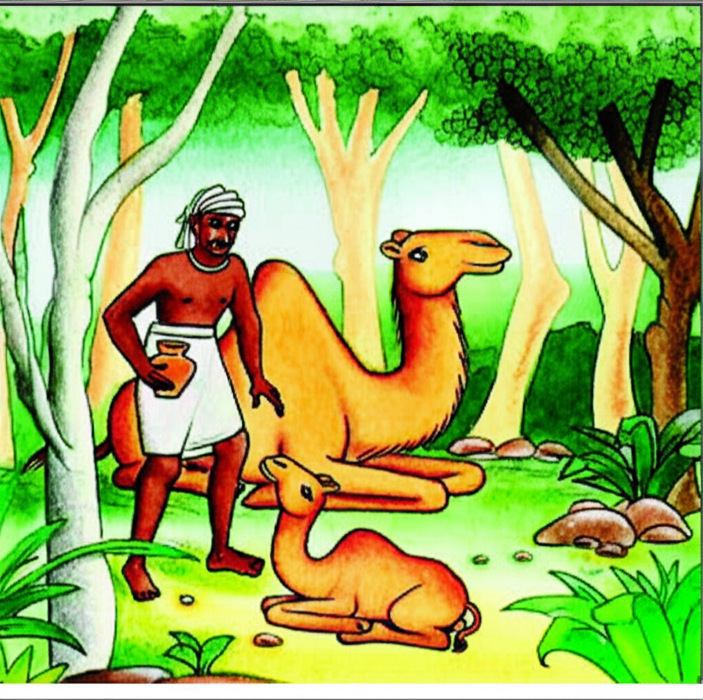 Watercolor painting of Ujjwalaka, a kind man with warm brown skin and simple clothing, tending to a sick mama camel in a lush green jungle.  The mama camel is light tan, lying down, while a smaller, lighter tan baby camel is nearby. Ujjwalaka is offering them water from a simple clay pot. Use a soft, gentle color palette, emphasizing the compassionate interaction.