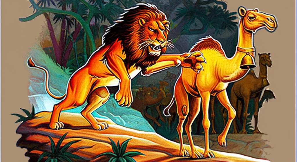 Watercolor scene depicting a dramatic moment: a large, menacing lion, rendered in dark oranges and yellows, lunging at a single, slightly smaller tan camel with a golden bell, who is separated from the rest of the herd. The scene should highlight the danger and the camel’s isolation, set against the backdrop of a darker, more shadowy jungle.  Maintain consistency in the camel’s depiction with previous prompts.