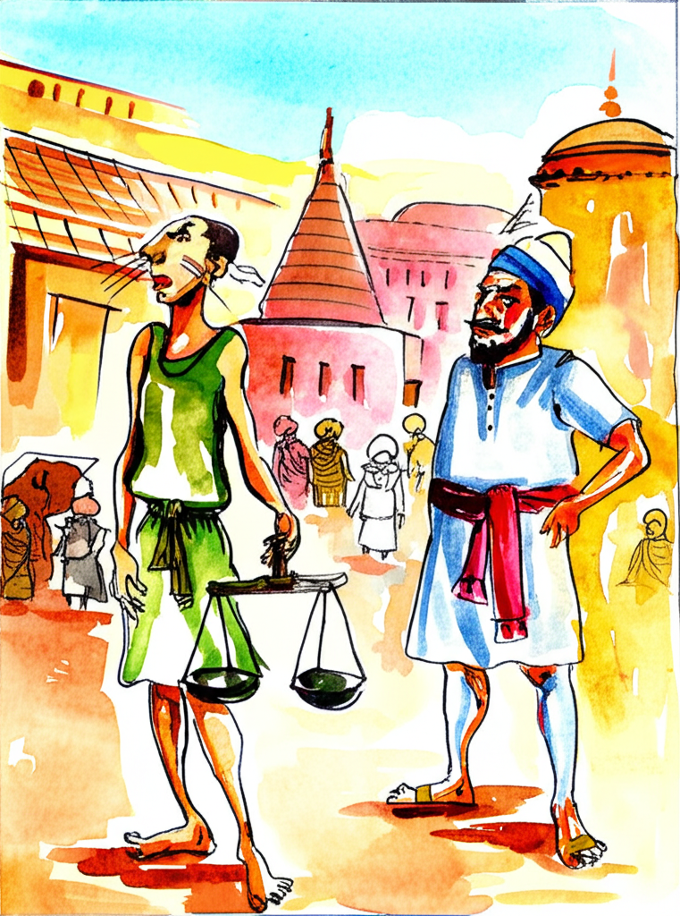 Watercolor illustration depicting Jeev, a slender figure in muted greens and browns, returning home from his journey.  He carries a small, intricately detailed iron scale.  A merchant, rendered in richer, darker tones, stands opposite him, his face etched with disbelief.  A mischievous glint in Jeev’s eyes contrasts with the merchant’s angry expression.  In the background, a suggestion of a bustling village marketplace, rendered with loose, colorful washes, adds to the lively atmosphere.  The colors are vibrant but slightly muted, suggesting a warm, sunny day.