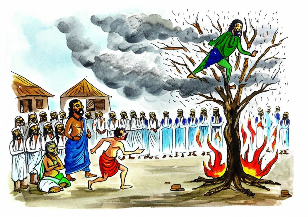 Watercolor painting depicting the climax of the story: Dharma, in calming blues and greens, calmly faces a group of village elders (depicted with simple, neutral colors) near a burning tree. Papa, in vibrant oranges and reds, is shown fleeing the scene in a state of panic and shame, while his father emerges from the burning tree, smoke swirling around him.  The overall style should be expressive and dramatic, capturing the moment of truth and the swift justice that follows. The background should be a simple, slightly chaotic portrayal of the village gathering, utilizing muted browns and greys.