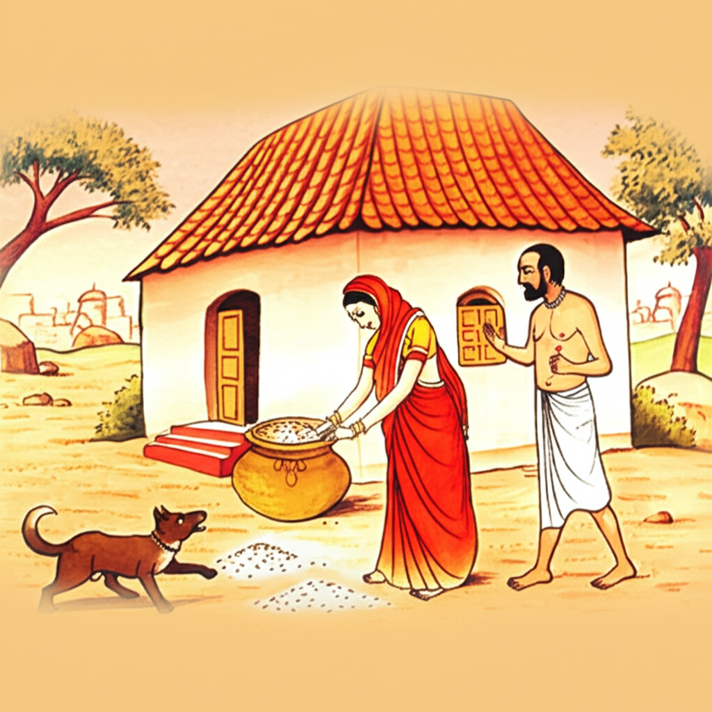 Watercolor painting of a kind Brahmin and his wife, Shandili, in warm earth tones. Shandili, in a reddish-brown sari, is tending to a small pile of sesame seeds near a sun-drenched house with a terracotta roof. A mischievous-looking dog with dark brown fur is nearby, its tail wagging, near scattered sesame seeds.  The Brahmin, in a similar shade of brown but a slightly lighter dhoti, is depicted walking away from the house towards a distant city visible on the horizon, small and hazy, suggesting his journey to procure food. The overall style should be reminiscent of traditional Indian miniature painting with a soft, watercolor wash.