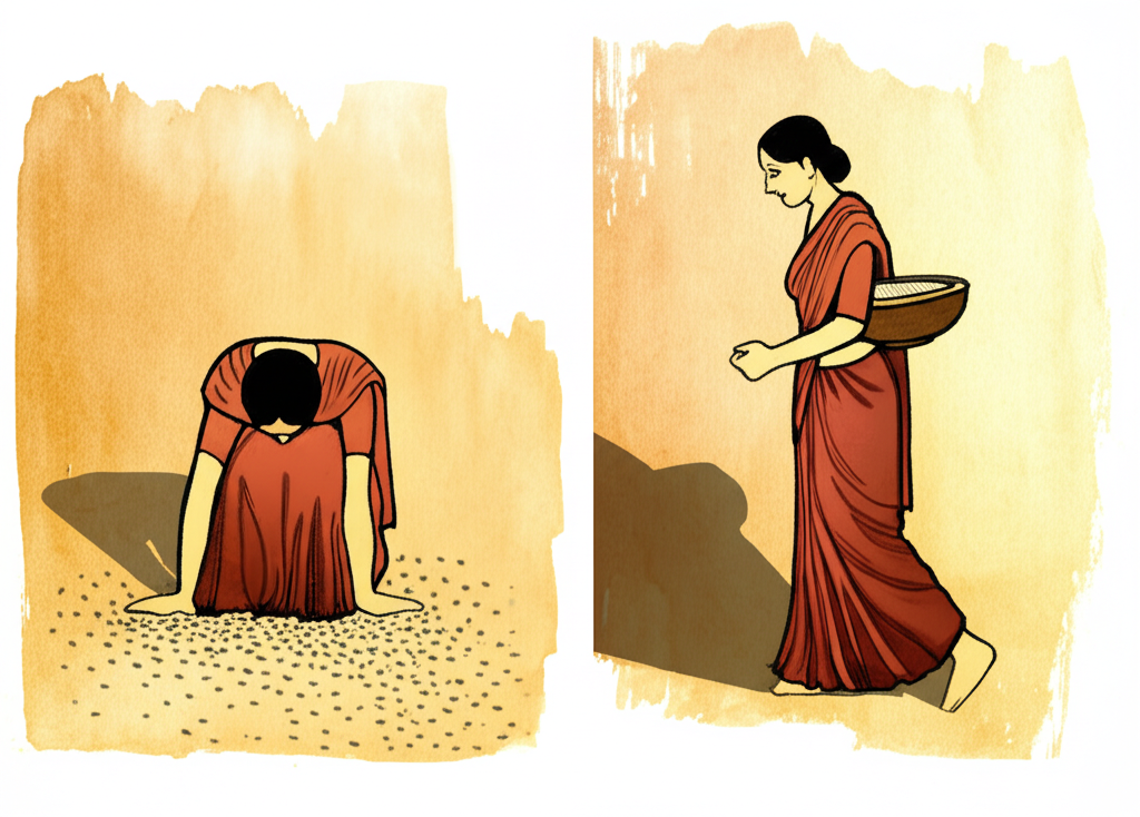Watercolor painting focusing on the contrast between Shandili’s initial sadness and relief. Shandili, in a reddish-brown sari, is shown in two instances within a single painting; one on the left, with slumped shoulders near the scattered sesame seeds looking dejected, and one on the right, walking back home with her bowl of sesame seeds intact, a hint of relief on her face. The color palette should be warm and earthy, using variations of browns, oranges and yellows, with a muted background suggesting a simple, rural setting. The overall feeling should be one of quiet reflection and learning.