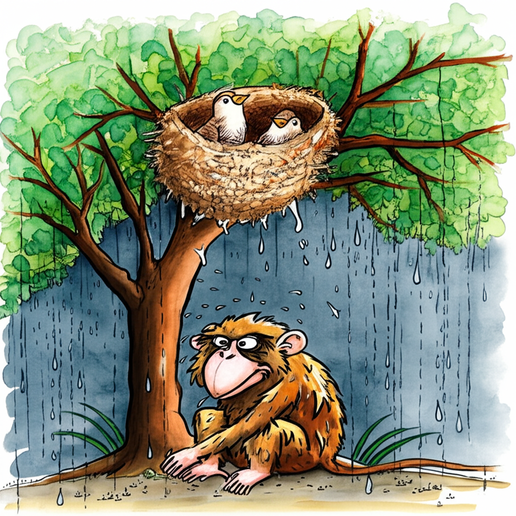 Watercolor painting of two small, brown sparrows with bright eyes in a meticulously detailed, cozy nest high in the lush green canopy of a jungle tree.  A large, grumpy-looking brown monkey with soaking wet fur is huddled beneath the tree, looking up at the nest. The rain is suggested by dark, blurred washes of blue and grey around the monkey and tree. The scene is focused on the contrast between the sparrows’ safe, warm nest and the monkey’s drenched misery.