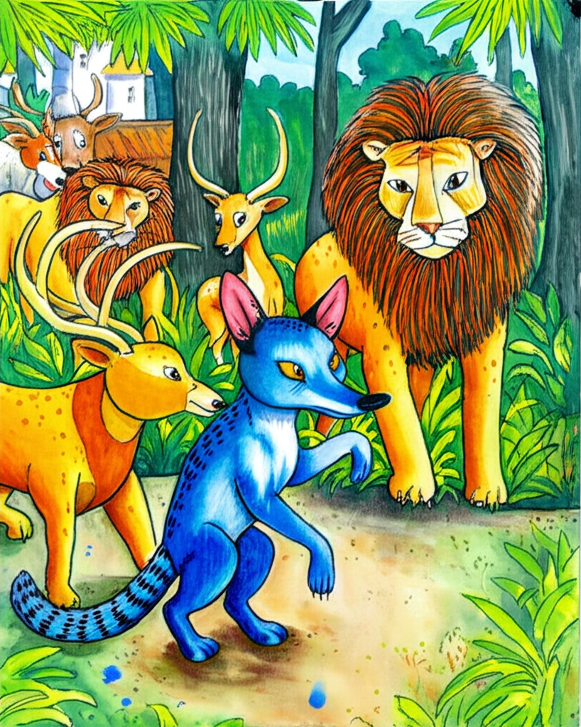 Watercolor painting of a whimsical scene: Chandarava, a small jackal consistently colored a vibrant blue, stands proudly amidst a group of larger, diverse jungle animals (lions, tigers, deer, etc.) who look at him with a mix of awe and slight suspicion.  The background is a lush, green jungle with a hint of a village in the distance.  The overall style is playful yet slightly apprehensive, reflecting the story’s tone. The blue dye is subtly splashed around Chandarava, indicating his recent escape.