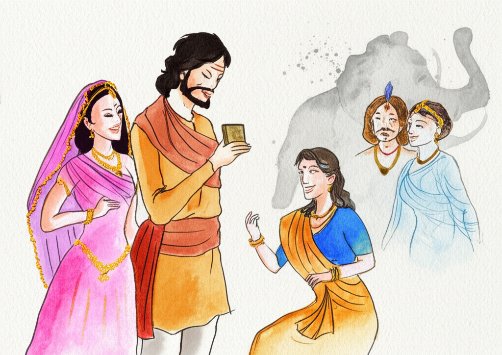 Watercolor illustration depicting a joyous celebration. The central focus is a man in earthy tones, holding a small, antique book. Three women, a princess in vibrant pink, a bride in soft white, and another woman in calming blue, surround him, all smiling.  A majestic king is present, observing the scene with a gentle smile.  A faded image of a running elephant is subtly visible in the background. Use light washes and soft blends of watercolor, creating a feeling of warmth and happiness. Character design should be consistent across the painting, and their colors should remain consistent.