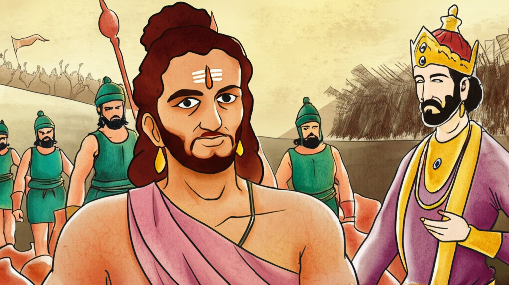 Watercolor painting of a single scene depicting Yudhisthira, a kind-faced man with a prominent forehead scar (rendered in a warm, earthy brown), in the center.  On one side, show a group of soldiers in muted greens and blues, looking jealously at Yudhisthira. On the other side, a regal King, depicted in rich purples and golds, is looking at Yudhisthira with a mix of surprise and slight embarrassment.  In the background, faintly depict broken pottery pieces in warm browns and oranges, suggesting Yudhisthira’s humble beginnings as a potter, and a faint suggestion of a battlefield in muted grays and browns. The overall style should be gentle and slightly melancholic, emphasizing Yudhisthira’s inherent goodness and the irony of the situation.