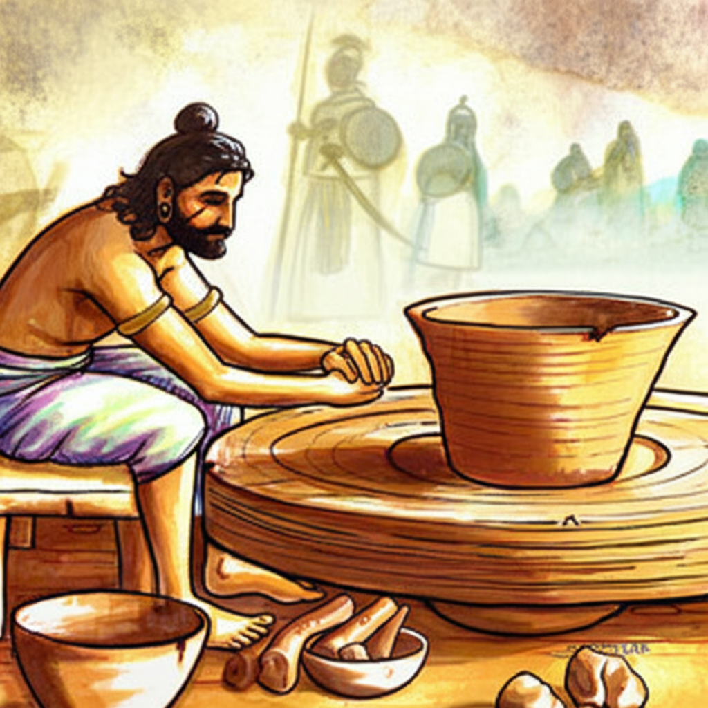 Watercolor painting showing Yudhisthira (consistent warm skin tones and a prominent brown scar) returning to his pottery wheel.  The scene is peaceful, with soft, muted colors.  In the background, a faint, almost ghostly image of the King and the soldiers can be seen, representing the past event.  The focus should be on Yudhisthira’s contented expression as he returns to his craft.  The pottery wheel and surrounding clay should be in earthy tones, contrasting with the slightly desaturated colors used for the background figures. The overall mood should be one of quiet acceptance and self-discovery.