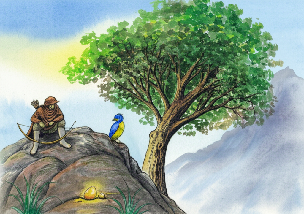 {‘prompt’: ‘Watercolor illustration of Sindhuka, a small vibrant blue bird with yellow accents, perched high in a large, leafy green tree on a tall, rocky mountain. Below the tree, a hunter with a brown cloak and bow, rests, looking tired. A small, golden nugget lies on the ground near him, subtly glowing. Emphasize the height of the tree and the vastness of the mountain landscape.’}
