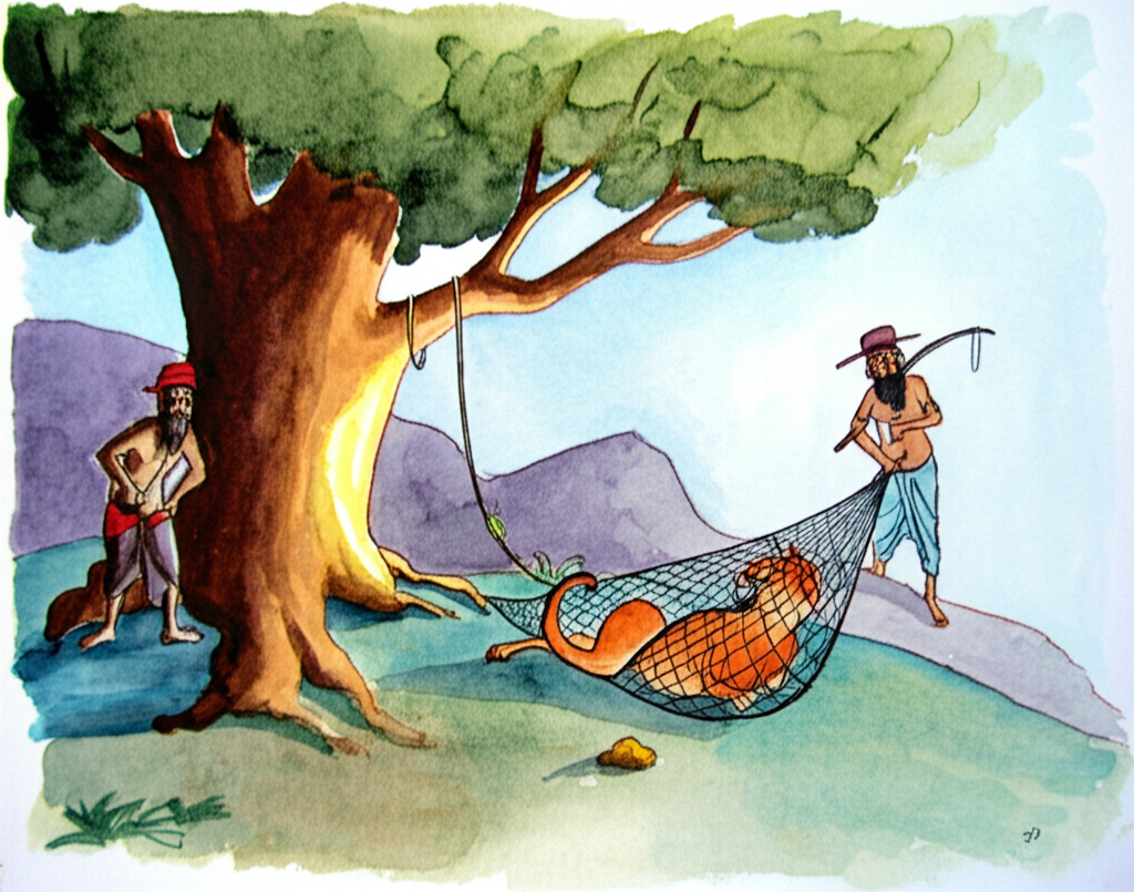 {‘prompt’: ‘Watercolor illustration of Sindhuka, same consistent color, size and shape as before, trapped in a simple net. The hunter, same consistent color, size and shape as before, stands over her with a gleeful expression. The setting is still near the large tree on the mountain, with the golden nugget visible on the ground.’}