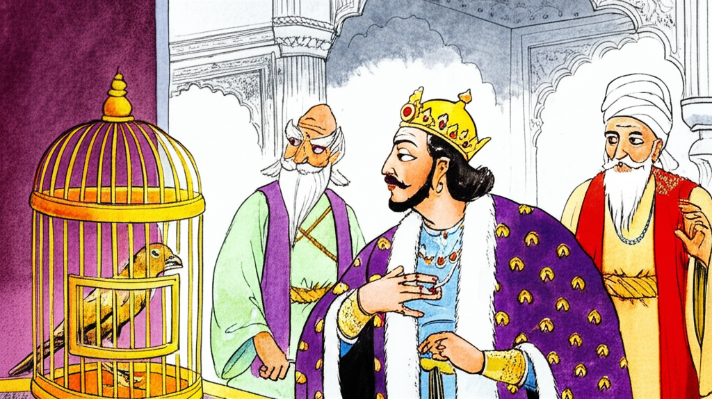 {‘prompt’: ‘Watercolor illustration depicting the hunter, same consistent color, size and shape as before, presenting Sindhuka in a gilded cage to a king. The king, dressed in regal purple and gold robes, looks delighted. A skeptical-looking minister with a long grey beard stands slightly behind the king, observing the scene. Palace setting with ornate details.’}