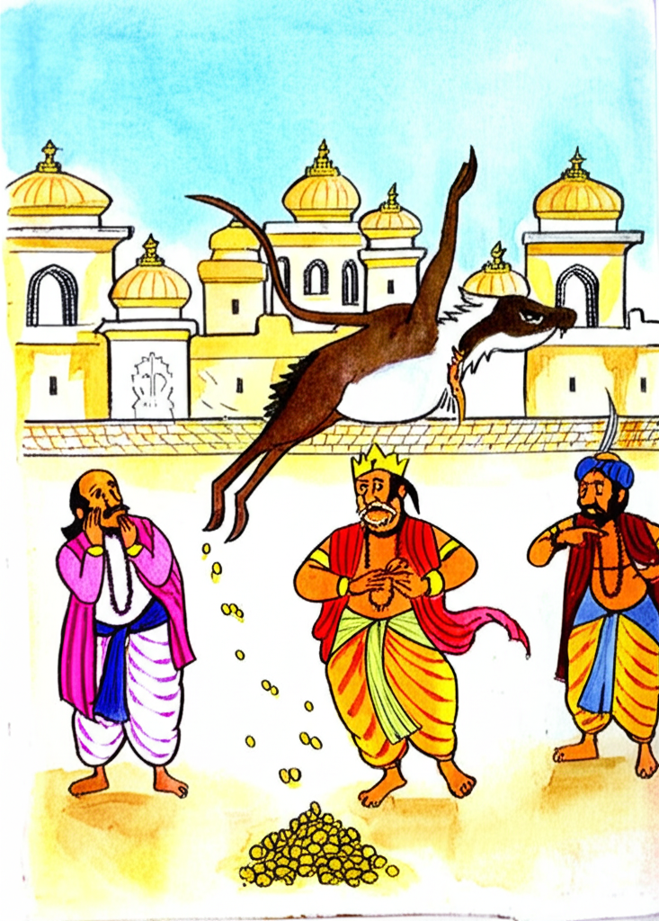 {‘prompt’: ‘Watercolor illustration showing Sindhuka, same consistent color, size and shape as before, flying away from the palace, leaving behind a small pile of gold coins. The king, same consistent color, size and shape as before, looks regretful, while the minister, same consistent color, size and shape as before, nods sagely. The hunter is not shown in this prompt. Palace setting. ‘}