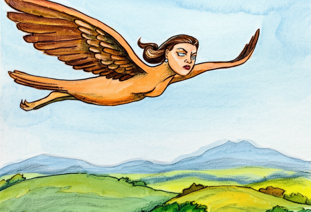 {‘prompt’: ‘Watercolor illustration of Sindhuka, same consistent color, size and shape as before, flying far above a landscape of rolling green hills and distant mountains. She has a determined look on her face. The style should be light and airy, conveying a sense of freedom and distance.’}