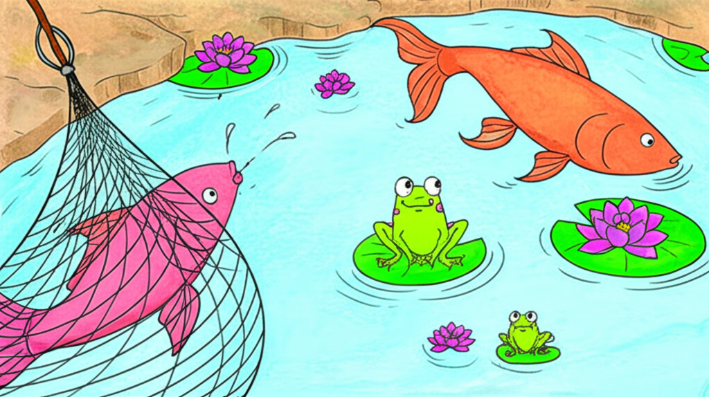 Watercolor illustration: A single scene depicting a tranquil pond.  Two large, orange-pink fish (Sahasrabuddhi and Satabuddhi) are struggling in a fishing net, while a smaller, bright green frog (Ekabuddhi) observes from a distance, perched on a lily pad with his family of smaller green frogs. The pond is filled with water lilies, and the overall style should be peaceful yet hinting at the underlying tension of the story.