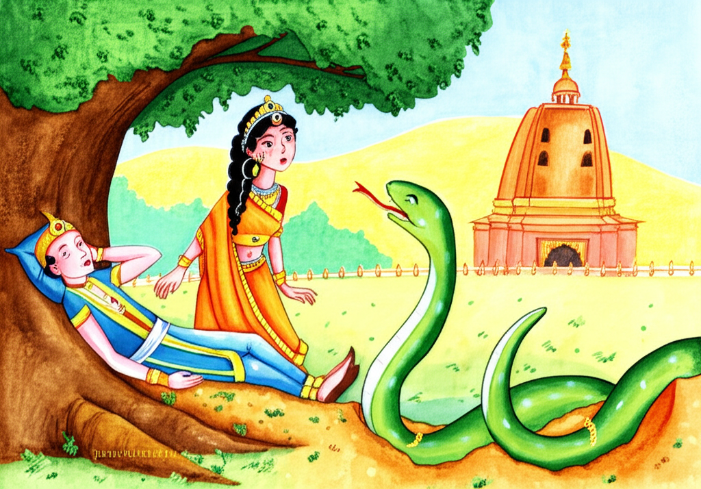 Watercolor painting of a whimsical scene: A thin prince, depicted with pale skin and light blue clothing, sleeps peacefully under a lush green tree. A princess, with vibrant orange clothing and dark hair, stands beside him, looking concerned.  Two vibrant green snakes, one emerging from an anthill, and the other from the prince’s mouth, face each other in a lively argument.  In the background, a temple with soft golden hues is visible, implying a distant kingdom.  The overall style should be light, slightly fantastical and charming, with soft watercolor washes creating a dreamlike effect.