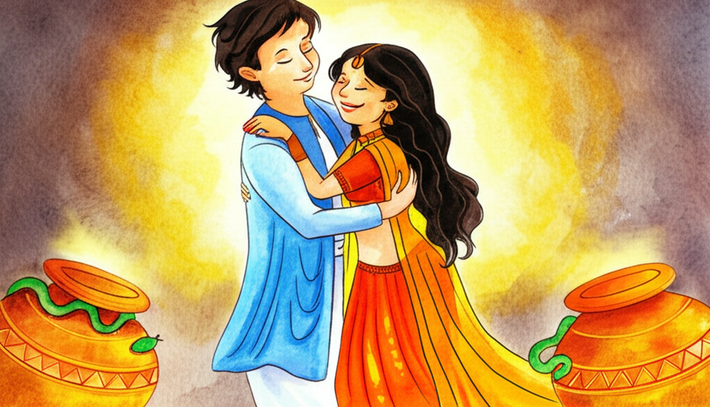 Watercolor painting: The scene should show the happy ending. A healthy, slightly fuller prince (pale skin, light blue clothing) embraces a joyful princess (vibrant orange clothing, dark hair) against a background of golden light and two gleaming golden pots overflowing.  The style should use a bright and cheerful palette, with soft watercolor washes to depict happiness and prosperity. Two tiny, faded green snakes are barely visible, symbolizing the resolved conflict. The overall feel should be warm, inviting, and celebratory.