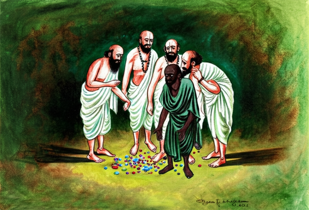 Watercolor illustration featuring five Brahmin figures, four in similar light-toned robes and one in darker clothing. The darker figure is subtly positioned in the center, looking anxious amidst the other four Brahmins who are gathered around a small pile of sparkling jewel-toned watercolors. The scene is set against a rich background of deep greens and browns, suggestive of a jungle setting.  The overall mood is one of suspense and intrigue, with a focus on the facial expressions of the Brahmins. The jewel colors should be vibrant and reflective, suggesting the precious nature of the stolen gems. The style should be detailed but loose, characteristic of watercolor techniques.