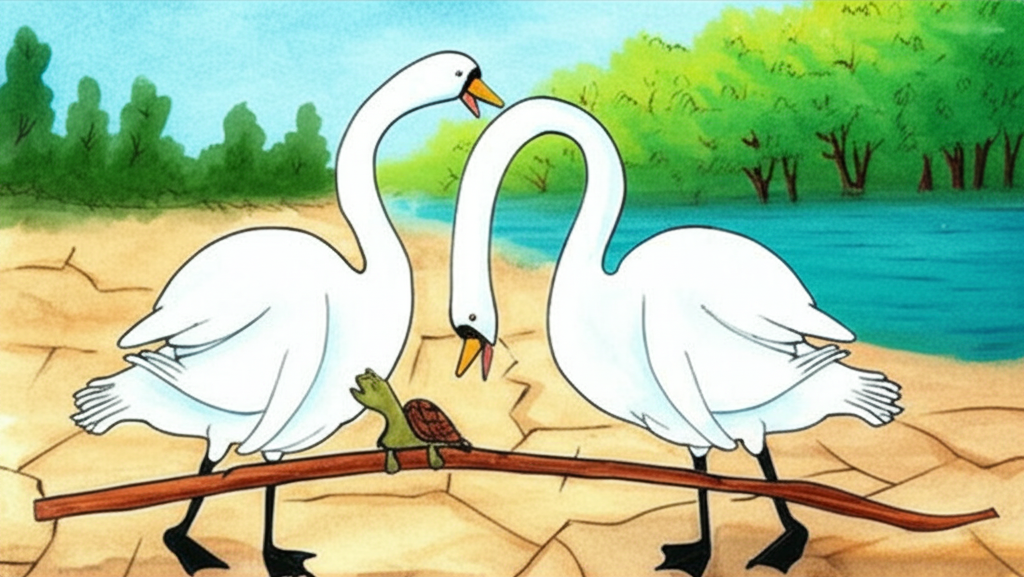 Watercolor painting of a heartwarming scene: Two graceful white swans, consistently sized and shaped throughout, gently carry a small, brown turtle named Kambugriva on a sturdy stick. Kambugriva’s mouth is slightly open, suggesting surprise. The background shows a partially dried-up lake bed with cracked earth, contrasting with a lush, vibrant new lake in the distance. The swans and turtle have soft, consistent coloration throughout the piece.