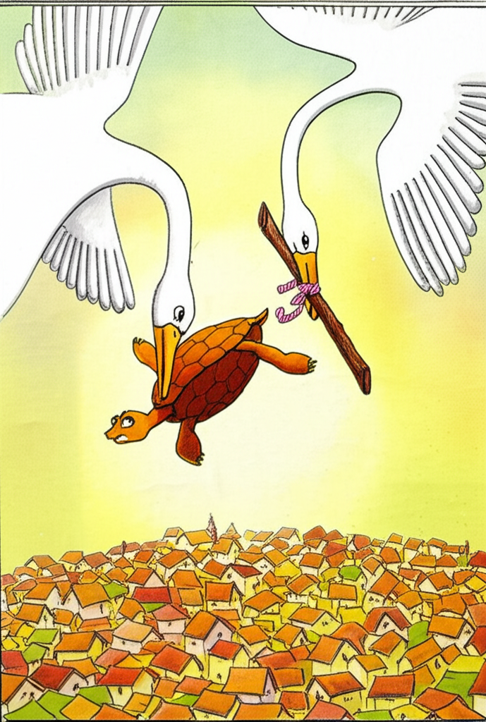 A single watercolor illustration depicting Kambugriva, a small, consistently colored and shaped brown turtle, falling from a stick held in the beaks of two large, consistently sized and shaped white swans. The background features a bustling town with tiny, colorful houses visible below.  The focus is on the moment of Kambugriva’s fall, capturing a sense of movement and slight panic. The colors are soft and slightly muted, characteristic of watercolor.