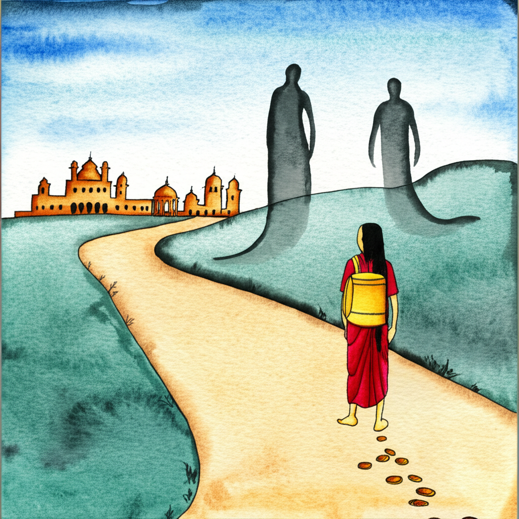 A watercolor illustration depicting Somilaka’s journey.  Somilaka, with his characteristic features (consistent size, shape, and coloring across the image), is shown walking a winding path.  In the distance,  a city is vaguely visible.  Two shadowy figures representing Destiny and Action are depicted slightly larger than Somilaka, hovering near him, one with a dark hue and the other with lighter tones.  The gold coins, represented as small glittering highlights, should be subtly visible near Somilaka during his initial journey and disappearing later in the illustration, illustrating the theme of the story. The color palette should utilize a warm and serene color scheme with a focus on blues and gold accents.