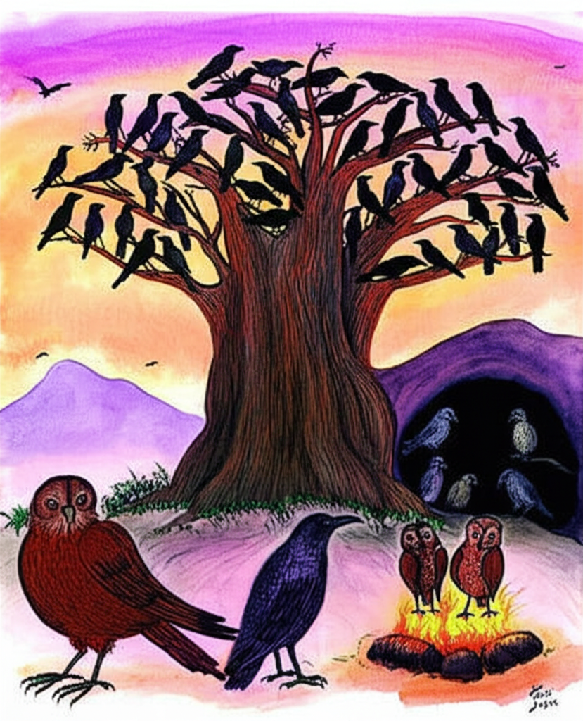 Watercolor painting of a sprawling banyan tree teeming with dark grey crows, one significantly larger representing King Meghavarana.  Near the tree, a dark cave mouth is visible, with several brown owls perched near the entrance, one larger owl representing King Arimaradana.  A small, wise-looking brown owl (Sthirajeevi) is shown separately, appearing both near the crows and the owls, subtly suggesting his movement between the two groups.  The background is a soft wash of purples and oranges suggesting sunset, with the Rshyamukam Mountain faintly visible in the distance as a silhouette. A small fire is visible near the owl’s cave.