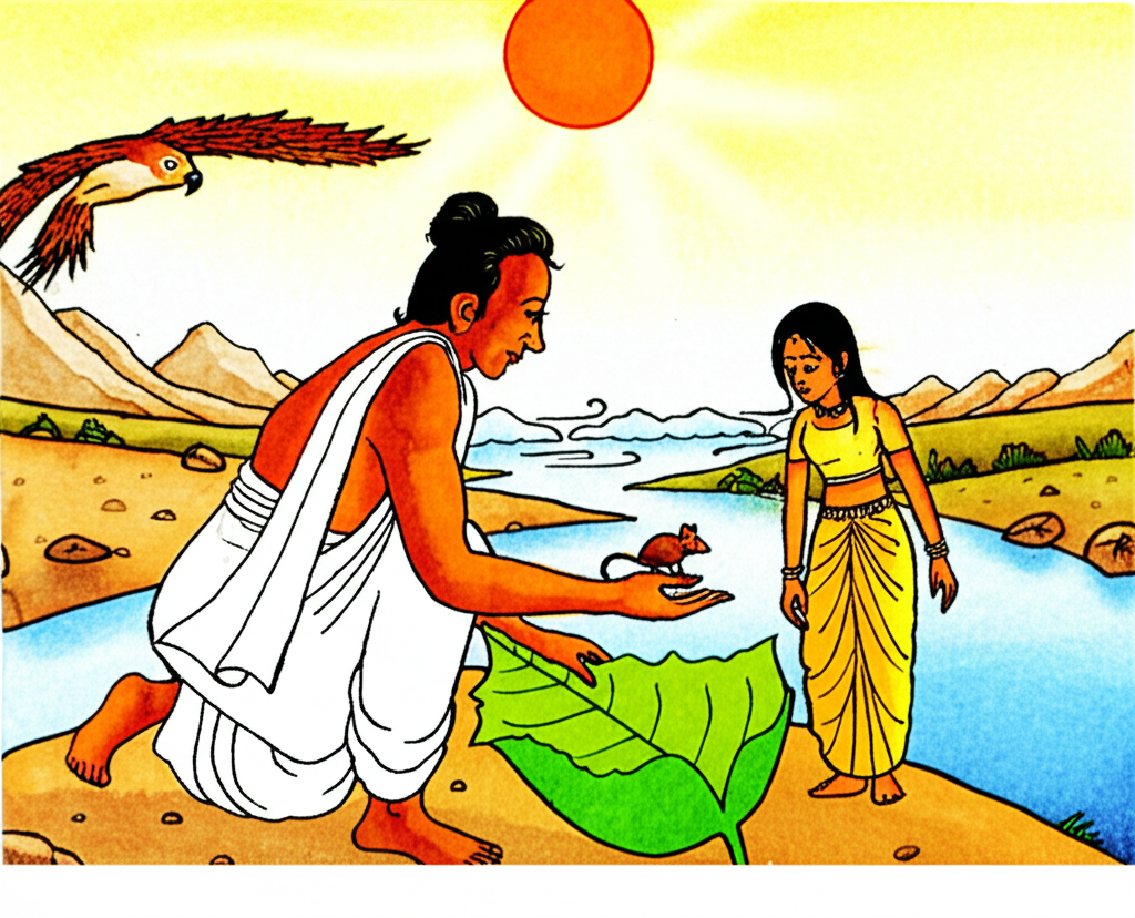 Watercolor illustration depicting Yadnyavalkya, a Guru with calm features and flowing white robes, gently placing a tiny mouse onto a large green leaf near a river.  The mouse is light brown, and the Guru’s skin is a warm brown.  The sun shines gently on the scene, and a partially visible hawk is flying in the background.  The young girl, now a radiant figure with a flowing yellow dress, is depicted briefly, a translucent figure slightly overlapping with the Guru. A hint of the sun, clouds, wind, and mountains is shown in the far background to symbolize her choices for husbands.