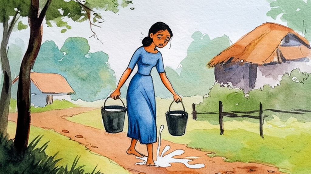 Watercolor painting of a young milkmaid, Revati, with warm brown skin and dark hair tied back, wearing a simple blue dress.  She’s walking down a dirt path, her two buckets of milk are shown partially tipped over, spilling white milk onto the path and her feet.  Revati’s face shows a mix of shock and sadness, tears in her eyes. In the background, use soft, muted greens and browns to depict a small village with simple houses.  Maintain a consistent style and color palette throughout the image, emphasizing the watercolor texture.  The style should evoke a nostalgic, slightly melancholic feeling.