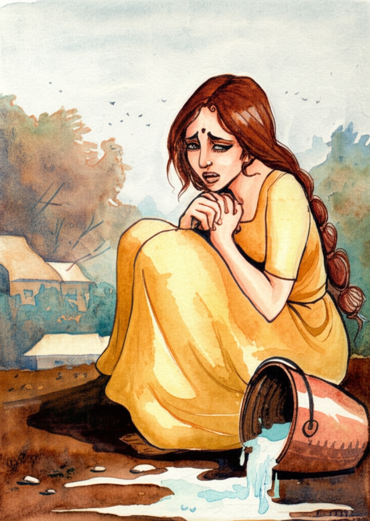 Watercolor painting in a soft, whimsical style. Focus on a close-up of Revati’s face, showing a range of emotions from initial excitement to eventual disappointment.  She has light skin and flowing auburn hair, and wears a simple yellow dress.  One overflowing bucket of milk sits on the ground near her feet, spilling milk that blends subtly with the surrounding earth tones.  Include faint background elements – a few distant houses and trees painted with translucent washes of color – to hint at the village. The watercolor style should emphasize softness and the gradual transitions of color and tone, focusing on the emotion on Revati’s face.
