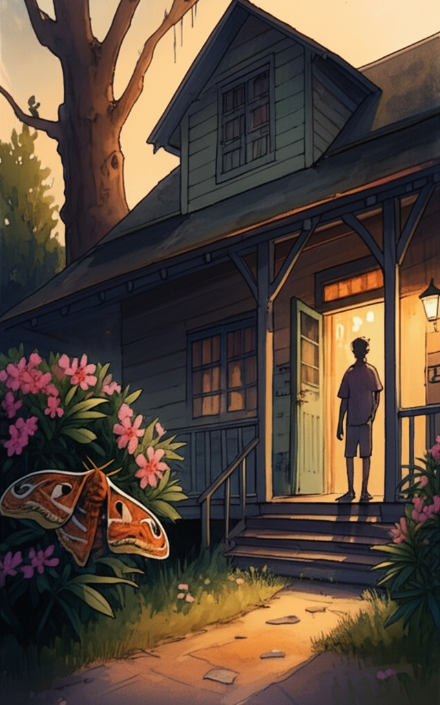 Watercolor illustration of a vintage, slightly rundown rest house at dusk, bathed in the warm, orange glow of the setting sun. Shadows lengthen dramatically from the tall, old banyan tree that dominates the scene. The porch light casts a soft, inviting yellow glow on the surrounding oleander bushes, highlighting their textured leaves and delicate blooms. A large Atlas moth with intricate wing patterns rests on a bush, wings subtly illuminated. A figure in silhouette, shoulders slightly slumped, stands in the doorway, a subtle question mark in their posture, looking directly towards the viewer. The air hangs heavy with the smell of jasmine. Paint the scene with a palette of warm oranges, deep purples, and dusty greens. The wooden porch floor shows signs of age and wear, with chipped paint and weathered grooves. The overall tone is melancholic and evocative.