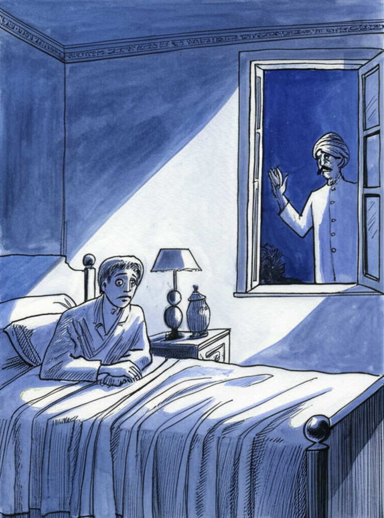 Watercolor illustration of the author in bed at the rest house, jolted awake, eyes wide with fear. Moonlight streams through the window, casting long, distorted shadows across the room. A tall, dark man in a turban and crisp white uniform is visible outside the window, his face obscured by shadow, tapping lightly on the glass with long, slender fingers. His expression is unreadable. Use a cool color palette of blues, grays, and whites to convey a sense of unease. The rough texture of the cotton blanket on the bed is visible. The bedside table is made of dark wood, reflecting the moonlight. A creaking floorboard adds to the suspense. The overall tone is one of stark fear and confusion.