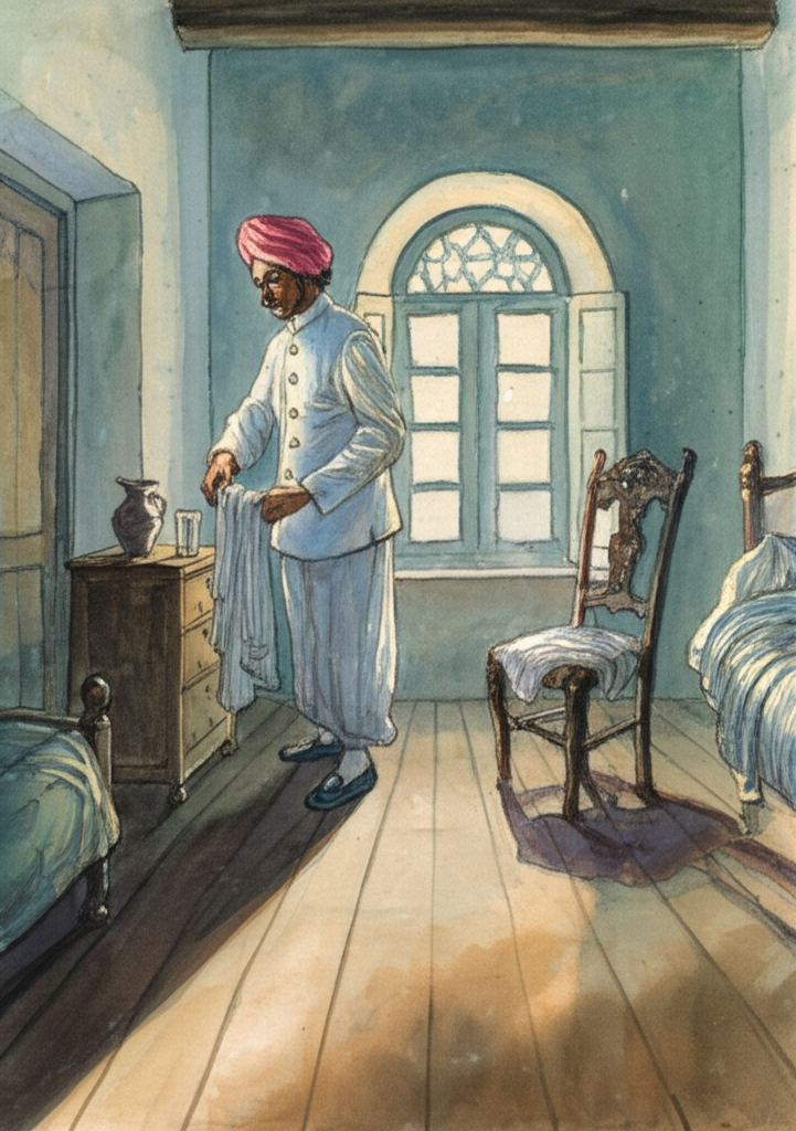 Watercolor illustration of a tall, dark man wearing a turban and a pristine white uniform (resembling a doorman’s uniform), silently folding clothes on a chair in a simple, high-ceilinged bedroom. His movements are precise and graceful, his face serene. The room is sparsely furnished with a worn, wooden floor and whitewashed walls. Dust motes dance in the faint sunlight filtering through a tall, arched window. A glass of water and a chipped clay jug are on a bedside table, reflecting the light. The overall color palette is muted and calming, with soft greens, browns, and creams. The chair is antique, with intricate carvings. The mood is one of quiet domesticity tinged with an undercurrent of mystery.
