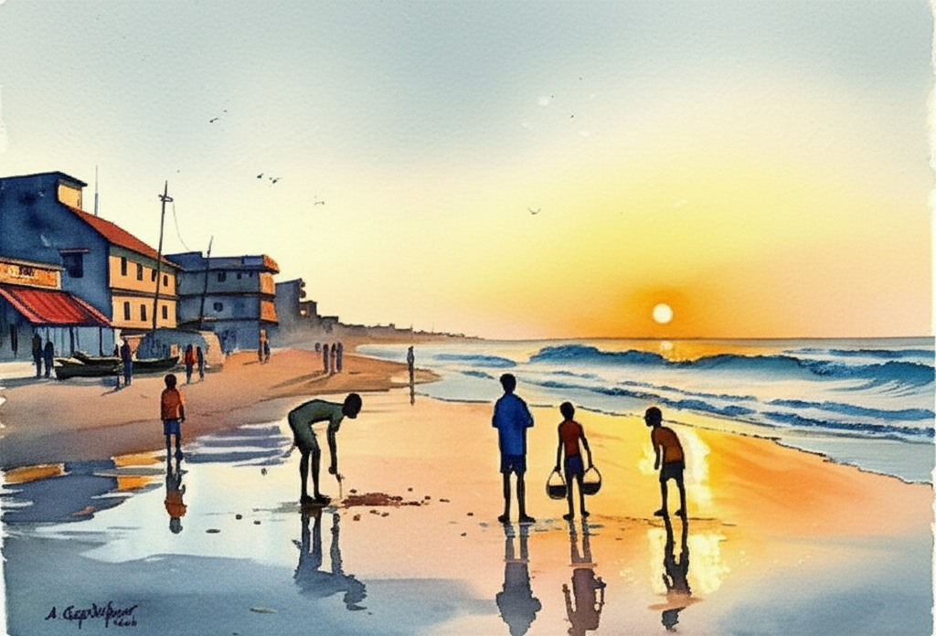 Watercolor illustration of Gopalpur beach at sunrise, bathed in soft, golden light. Fishermen, their faces weathered and lined, are sorting their catch on the sand, their movements deliberate and efficient. Children, full of energy, are playing in the shallow water, their laughter echoing in the air. Empty hotels and cafes line the background, their faded grandeur a testament to a bygone era. The paint should capture the textures of the sand, the water, and the crumbling facades of the buildings. Use a vibrant palette of oranges, yellows, blues, and greens to capture the beauty of the sunrise. The air smells of salt and fish. The overall tone is nostalgic and bittersweet, reflecting the town’s faded glory.