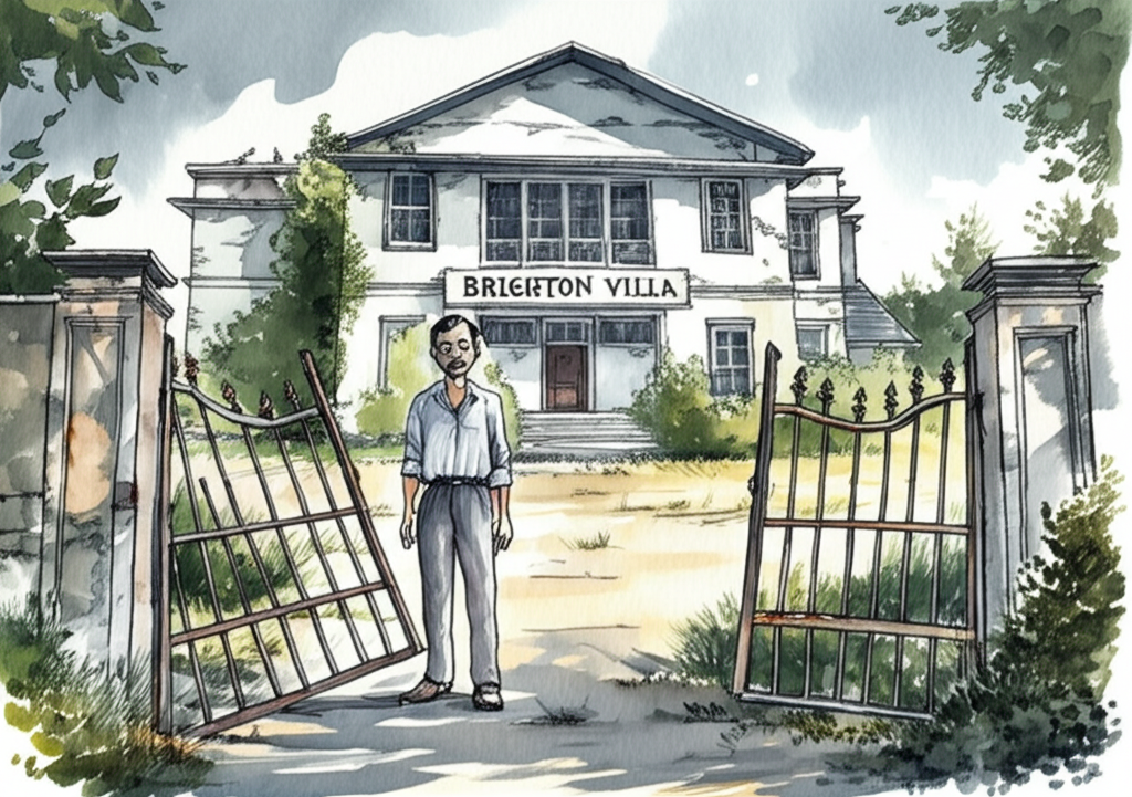 Watercolor illustration of the author standing in front of the ‘Brighton Villa’ house, located in Gopalpur. The scene should convey a sense of worn-out charm, with peeling paint, overgrown ivy, and cracked window panes. The sky is slightly overcast, a subtle grey wash hinting at the town’s melancholy atmosphere. The author’s expression is a mix of curiosity and apprehension, their posture slightly hesitant. The colors should be muted and desaturated, with hints of faded blues, greens, and yellows. The garden is overgrown with wildflowers and weeds. The gate is rusty and partially collapsed. The overall mood is one of quiet sadness and faded elegance.
