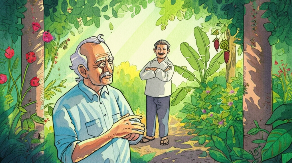 Watercolor illustration of the rest house gardener, a kind-looking man with grey hair and wrinkles etched around his eyes, telling the author about Hazoor Ali. His hands are calloused and stained with earth. The caretaker stands behind him, nodding in agreement, his expression guarded and watchful. They are surrounded by lush greenery, including ferns, banana plants, and flowering vines. Sunlight filters through the leaves, creating dappled shadows on the ground. The color palette is rich and vibrant, with deep greens, browns, and yellows. The gardener’s voice is gentle and earnest. The air is thick with the scent of damp earth and flowers. The overall tone is one of mystery and intrigue, with a hint of foreboding.