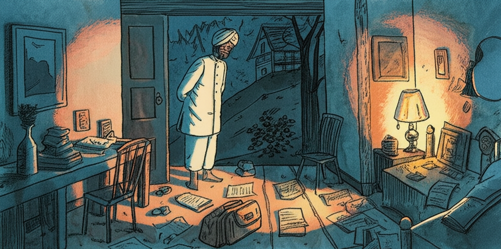 Watercolor illustration of the author’s messy room in his home in the hills at night. The room is illuminated by the soft glow of a bedside lamp, casting long shadows across the cluttered surfaces. Hazoor Ali, the tall, dark man in a turban and white uniform, stands in the doorway, bowing slightly, his expression unreadable in the dim light. A travel bag lies on the floor, half-unpacked, surrounded by scattered books and papers. The color palette is warm and inviting, with soft oranges, browns, and greens. The room feels lived-in and comfortable. The wind howls outside the window. The overall mood is one of unease and confusion.