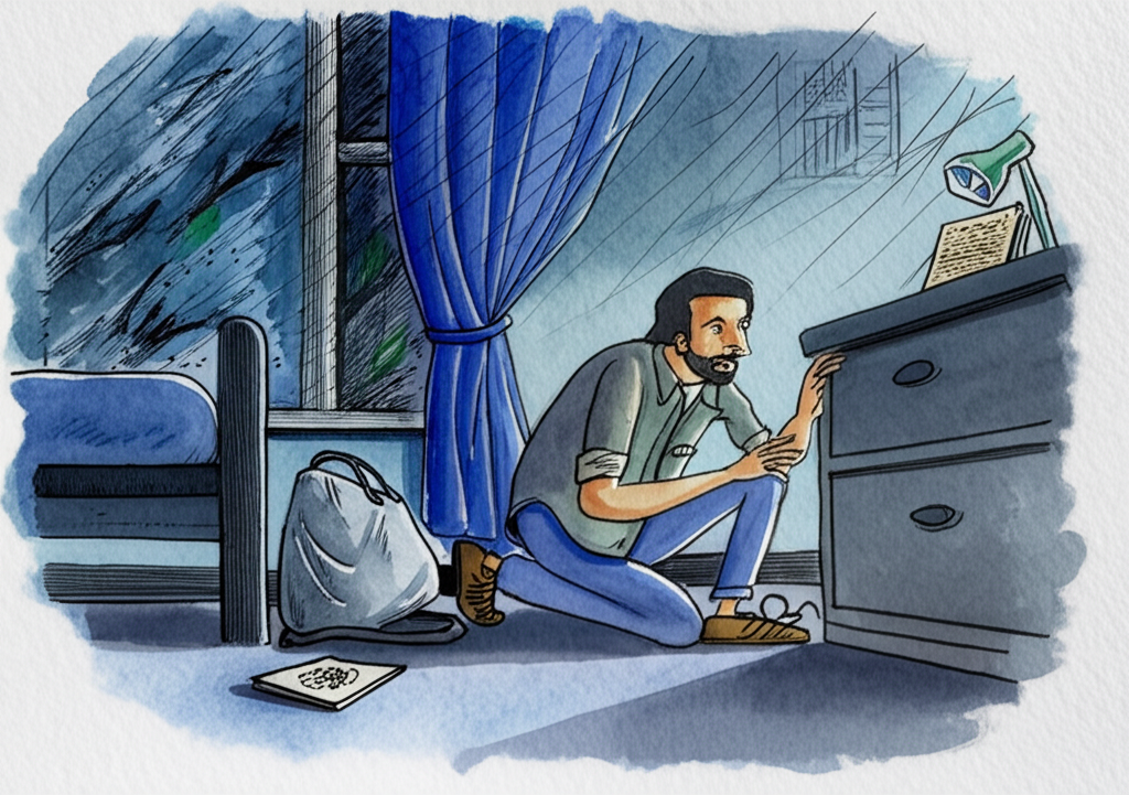 Watercolor illustration of the author finding his passport on the floor next to his travel bag. The room is simply furnished with a small wooden bed, a desk, and a chair. A window shows a dark, windy night outside, with trees swaying violently in the storm. Rain streaks across the glass. The passport lies on the floor, partially obscured by a shadow, its cover slightly worn. The author’s face expresses relief and wonder, their hand reaching down to grasp the passport. The color palette is muted and cool, with blues, grays, and whites dominating the scene. The overall tone is one of quiet triumph and lingering unease, hinting that the mystery of Hazoor Ali is far from resolved.