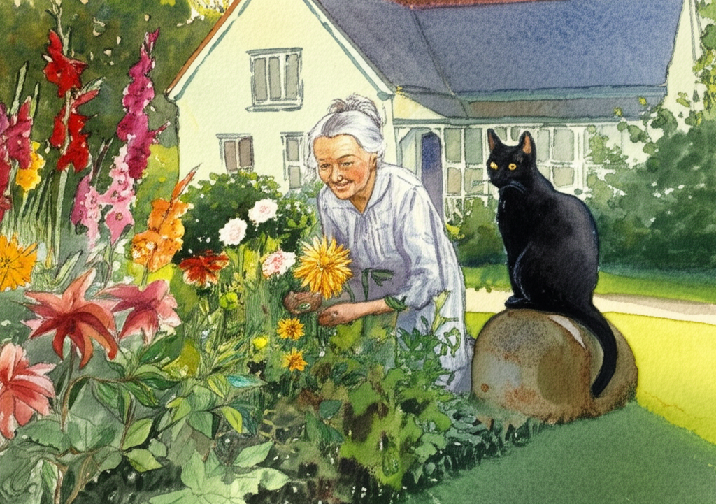 Watercolor illustration of Mulberry Lodge at golden hour. Warm light bathes the charming white cottage, highlighting the vibrant hues of the overgrown dahlias, chrysanthemums, and gladioli in the garden. Miss Mackenzie, a sweet, older British lady with grey hair pulled back in a slightly disheveled bun, is kneeling amidst the flowers, her hands stained with earth and a gentle smile on her face. The shadows are long and soft. A large, sleek black cat with piercing, bright yellow eyes sits nearby on a moss-covered stone, its tail twitching slightly as it intently watches her every move. Dewdrops cling to the flower petals. The air is thick with the scent of damp earth and blooming flowers.