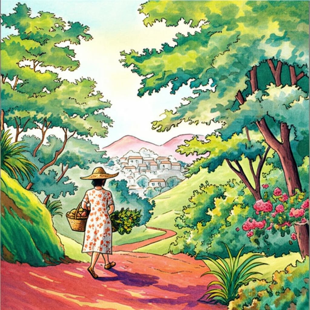 Watercolor illustration of Miss Mackenzie walking on a winding, red-earth path through the lush Indian hills towards a distant, hazy town shimmering in the heat. The sun beats down, casting dappled shadows through the dense foliage. She is carrying a worn, woven basket overflowing with fresh fruits and vegetables, her back slightly stooped from the weight. She’s wearing a long, floral-patterned dress, its fabric faded and patched in places, and a wide-brimmed straw hat providing shade. The landscape is vibrantly green, with glimpses of crumbling, old, dilapidated houses through the thick trees. Birds of paradise and bright bougainvillea add pops of color. The air is thick with the sound of cicadas.