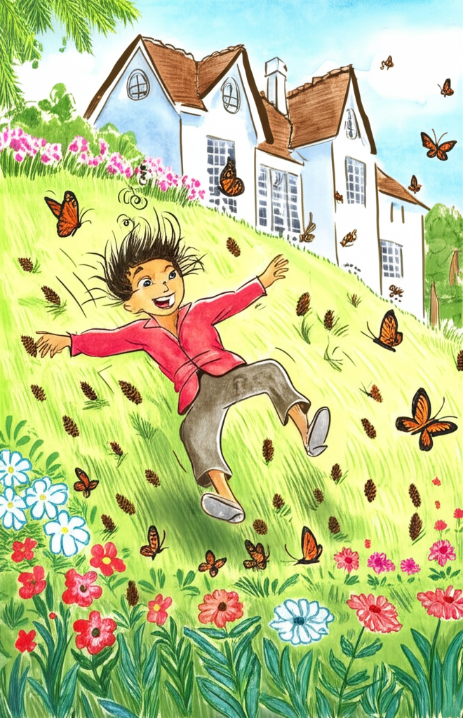 Watercolor illustration of Anil, a small Indian boy with messy dark hair and a mischievous grin, slipping down a steep, grassy hill covered in scattered pine needles and vibrant wildflowers. He is falling, arms outstretched, towards Miss Mackenzie’s meticulously tended flower bed, a look of startled surprise and dawning realization on his face. His clothes are dusty and well-worn. The cottage, Mulberry Lodge, is visible in the soft-focus background, its whitewashed walls gleaming in the midday sun. A swarm of butterflies flutters above the wildflowers as the boy slides past. The scent of pine needles hangs heavy in the air.