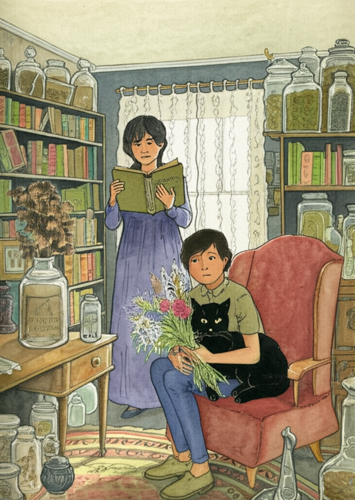 Watercolor illustration of the interior of Miss Mackenzie’s small living room, bathed in the soft, diffused light filtering through lace curtains. The room is cluttered with antique furniture, stacks of books, delicate vases holding wilting flowers, and dusty glass jars filled with dried herbs. Anil is sitting nervously on the edge of a worn, velvet-covered chair, holding a carefully gathered bunch of wildflowers, his dark eyes wide with apprehension. The sleek black cat is curled up possessively in his lap, purring contentedly, its fur gleaming in the dim light. Miss Mackenzie is standing by a towering bookshelf, her face illuminated by the light, holding a large, antique book titled ‘Flora Himaliensis’ with reverence. The air is thick with the scent of old paper, dried flowers, and cat fur.