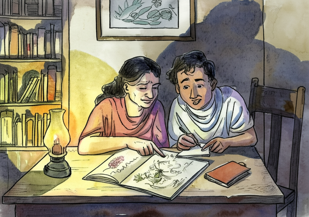 Watercolor illustration of Miss Mackenzie and Anil sitting side-by-side at a worn, wooden table in the living room, illuminated by the warm, flickering glow of a kerosene lamp. They are both intently studying the intricate illustrations in ‘Flora Himaliensis’. Miss Mackenzie is pointing to a delicate flower with a long, slender finger, her brow furrowed in concentration. Anil is diligently writing notes in a small, leather-bound notebook, his tongue peeking out from between his lips in concentration. The lamp casts long, dancing shadows on the walls, highlighting the details of the room. The soft glow illuminates the dust motes dancing in the air, and the scent of kerosene mingles with the musty aroma of old books.