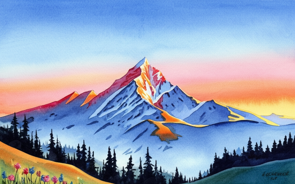 Watercolor illustration of a distant, jagged snow-capped mountain peak piercing a vibrant, cloudless blue sky. The lower hills are visible, covered in a tapestry of colorful wildflowers like deep blue gentians and delicate purple columbines. The sun is setting, casting a dramatic orange and pink glow on the snow-covered mountain, painting the sky with vibrant hues. The valleys below are shrouded in shadow. The air is crisp and cold. The overall feeling is one of serene grandeur.