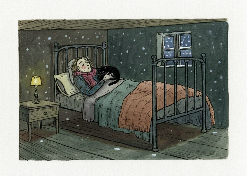 Watercolor illustration of Miss Mackenzie lying weakly in her iron bed, deeply recessed within the small room, wrapped in layers of old, threadbare blankets and woolen scarves. Her face is pale and drawn, her eyes closed. The bedroom window is open, and snowflakes are blowing into the room, melting on the windowsill. The sleek black cat is snuggled close to her chest for warmth, its eyes half-closed, purring softly. The room is dimly lit by a single candle, casting flickering shadows on the walls. The wooden floorboards are worn and creaky. The overall mood is melancholic and frail.