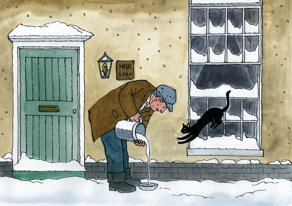 Watercolor illustration of the weathered milkman standing on the snow-covered doorstep of Mulberry Lodge, his face etched with concern. He is carefully pouring milk from a metal pail into a saucer placed on the ground. The sleek black cat is gracefully jumping down from the snow-covered window ledge, its eyes fixed on the approaching milk. The cottage looks forlorn and isolated, blanketed in a thick layer of snow. The sky is overcast and grey, and the wind howls softly in the background. The overall mood is somber and desolate.