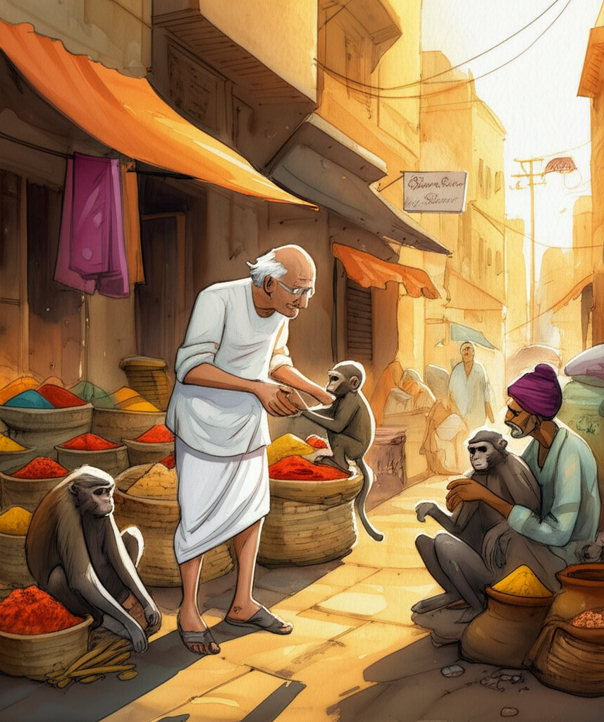 Watercolor illustration of Grandfather, a kind elderly man with spectacles perched on his nose and wearing a crisp white dhoti, purchasing a small, mischievous-looking monkey, Tutu, from a weary-looking street performer with two other bored monkeys. The scene takes place on a bustling Indian street bathed in the golden light of late afternoon. Rich, warm shadows stretch long across the dusty ground. Colorful fabrics (silks, cottons, and handloom), overflowing baskets of spices (turmeric, chili, coriander), and earthenware pots are on display. The air is thick with the aroma of cardamom and roasted nuts. Grandfather’s expression is one of gentle amusement, while the street performer looks resigned. Tutu’s eyes gleam with playful cunning. Consistent watercolor style with soft blending and natural flow.