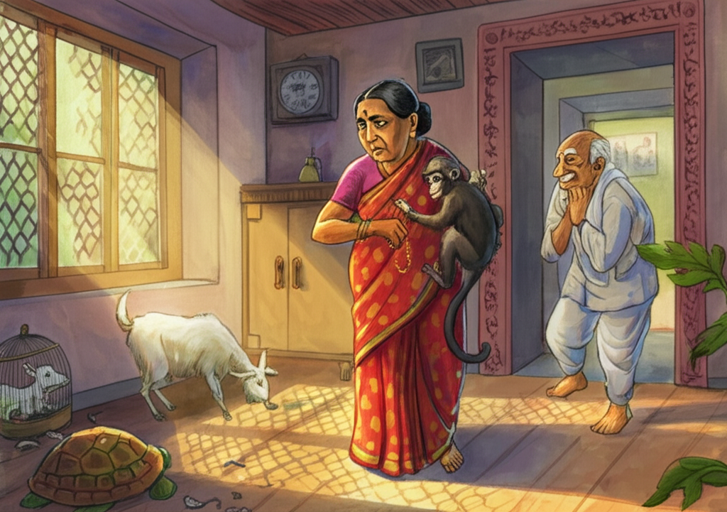 Watercolor illustration of Grandmother, a stern but loving woman in a vibrant red and gold silk sari, standing inside her traditional Indian home with a concerned expression etched on her face. Light streams through a latticed window, casting intricate shadows on the worn wooden floor. Grandfather is happily holding Tutu the monkey, who is reaching for Grandmother’s jewelry. A white goat chews contentedly in a corner, white mice scurry in a bamboo cage, and a painted clay turtle sits motionless near the doorway. The color palette leans towards warm browns, reds, and golds, creating a feeling of comfortable domesticity, tinged with a hint of apprehension. The textures of the sari, the wooden floor, and the animal fur should be subtly evident. Consistent watercolor style with soft blending and natural flow.