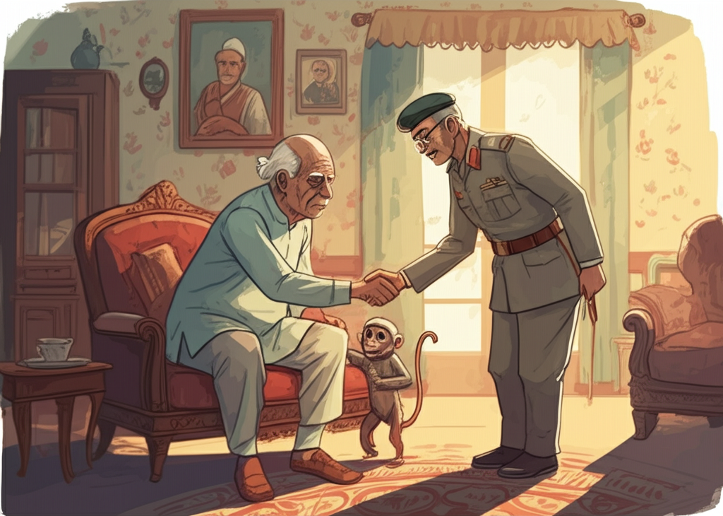 Watercolor illustration of Tutu, the small monkey with wrinkled hands and bright, intelligent eyes, shaking hands (or rather, paw-shaking) with a grumpy, elderly Major Malik. The setting is a cozy living room with traditional Indian decor - ornate wooden furniture, faded floral wallpaper, and framed portraits of past generations. Sunlight filters through sheer curtains, illuminating dust motes dancing in the air. Major Malik is stiff and unimpressed, his military posture contrasting sharply with Tutu’s playful energy. Tutu’s grip is surprisingly firm. The color palette is muted and nostalgic, with hints of olive green, faded rose, and mahogany brown. Emphasize the textures of the old furniture and the soft fabric of the curtains. Consistent watercolor style with soft blending and natural flow.