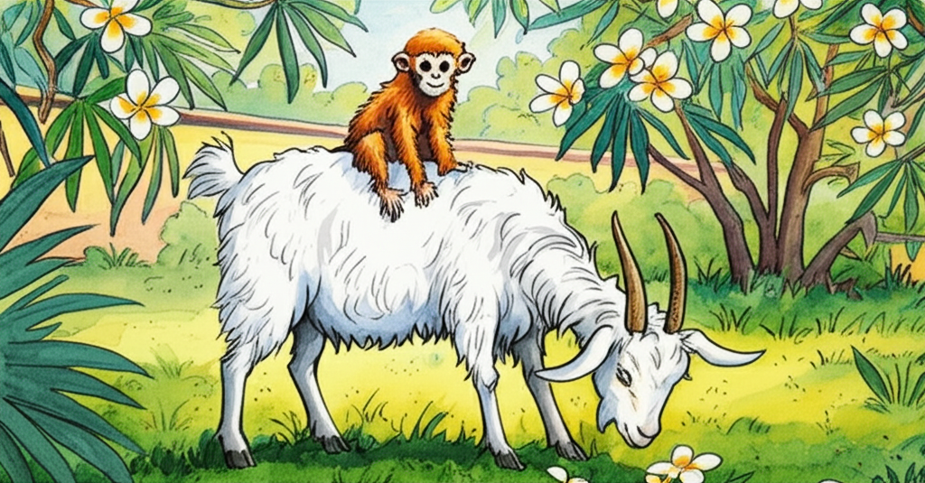 Watercolor illustration of Tutu sitting precariously on the back of a white goat in a lush, green Indian backyard. The scene is bathed in the bright, dappled sunlight of midday. The goat is calmly grazing on vibrant green grass, while Tutu looks mischievously at the viewer with a glint in her eye. Frangipani trees bloom in the background, their fragrant blossoms adding splashes of white and yellow to the scene. The air hums with the sound of crickets. Use a bright and cheerful color palette to convey a sense of playful energy. The textures of the goat’s shaggy fur and the lush foliage should be realistically rendered. Consistent watercolor style with soft blending and natural flow.