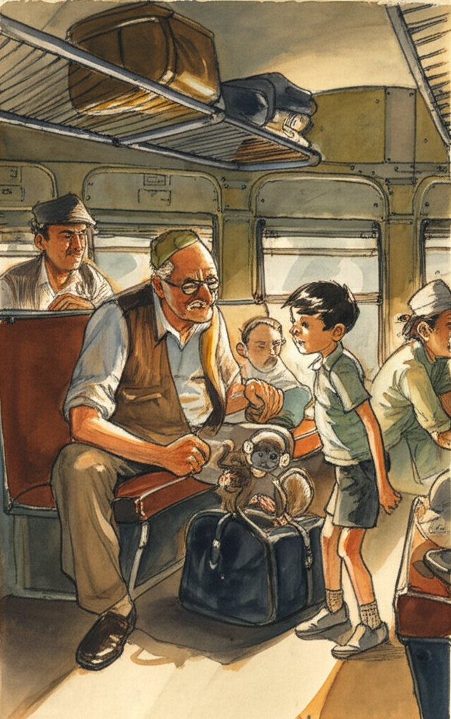 Watercolor illustration of Grandfather and the young narrator on a crowded Indian train, with Tutu peeking mischievously out of a worn black travel bag placed on the floor. Harsh sunlight streams through the open windows, casting strong shadows across the dusty interior. Other passengers are looking curiously at the bag with expressions ranging from amusement to annoyance. The scene captures the interior of an Indian train carriage - worn leather seats, overhead luggage racks, and chattering passengers. The air is thick with the smell of chai and spices. The color palette is dominated by browns, yellows, and muted reds, reflecting the age and wear of the train carriage. Grandfather smiles reassuringly at a concerned passenger. The narrator hides a grin. Consistent watercolor style with soft blending and natural flow.