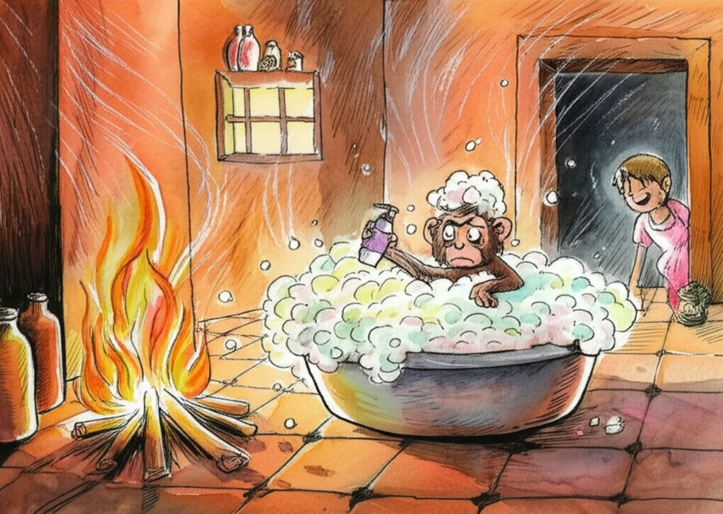 Watercolor illustration of Tutu taking a bath in a large, steaming bowl of hot water near a crackling kitchen fire. The scene is illuminated by the warm glow of the flames. She is reluctantly using Aunt Ruby’s expensive lavender-scented shampoo, which is producing an enormous quantity of bubbles. Tutu looks upset and indignant because someone (likely the young narrator) is laughing at her from behind the doorway. The kitchen is rustic and cluttered, with copper pots hanging from the walls and spices drying on a windowsill. The color palette is warm and inviting, with shades of orange, yellow, and brown dominating the scene. Emphasize the textures of the bubbly water, the crackling fire, and the rough clay walls. Consistent watercolor style with soft blending and natural flow.